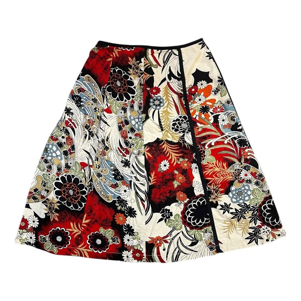 Elegant Multicolor Red and Black Floral A-Line Skirt Vintage SZ 10